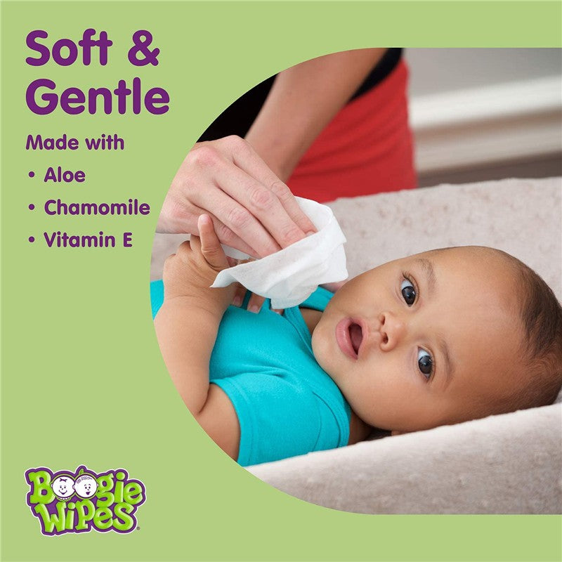 Soft and gentle Boogie Wipes for noses, featuring a baby in a teal shirt being cleansed with a saline wipe.