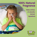Boy in green shirt uses a Boogie Wipes saline nose wipe, with text highlighting natural ingredients and fragrance.
