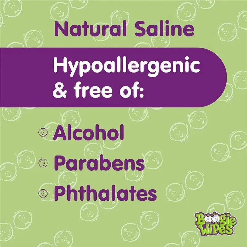 Natural saline Boogie Wipes packaging, highlighting hypoallergenic features and listing free-from ingredients: alcohol, parabens, phthalates.