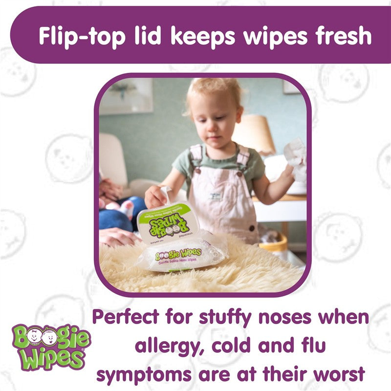Child holding Boogie Wipes packaging with a flip-top lid, emphasizing its freshness, on a soft surface. Text highlights the wipes’ use for allergies and colds.