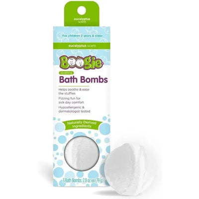 Boogie Wipes 3Pk calming bath bombs in eucalyptus scent, designed to soothe and reduce stuffiness.