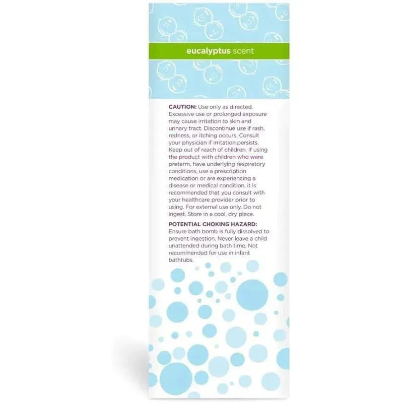 Calming bath bombs in eucalyptus scent, featuring safety warnings and usage instructions on packaging.