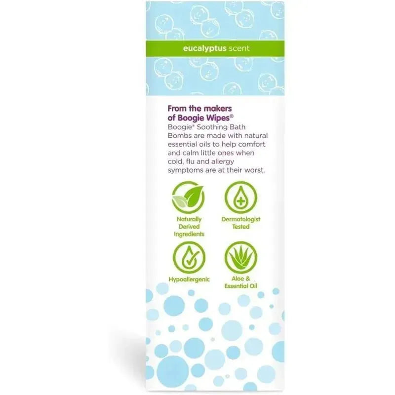 Boogie Wipes 3Pk Calming Bath Bombs in Eucalyptus scent, featuring text on natural ingredients and allergy relief benefits.