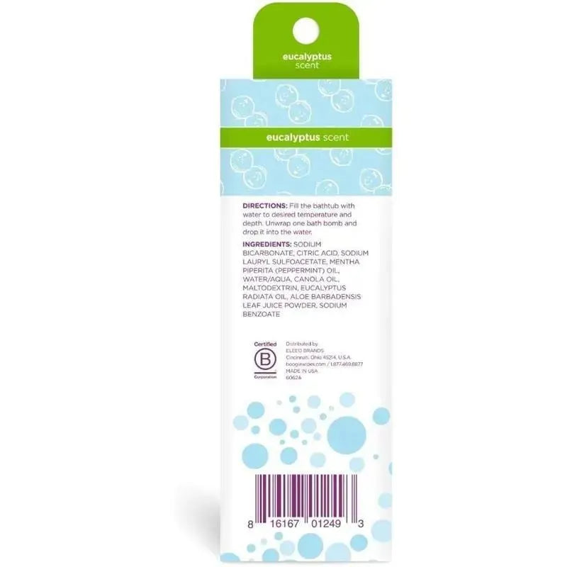 Boogie Wipes Calming Bath Bombs, Eucalyptus scent, with directions and ingredients listed on the back.