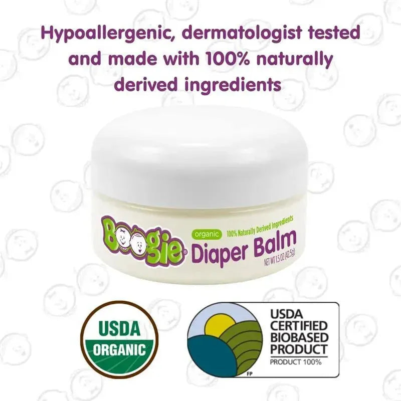Boogie Wipes Baby Diaper Rash Balm in a 1.5 oz jar, labeled hypoallergenic and made with 100% naturally derived ingredients.