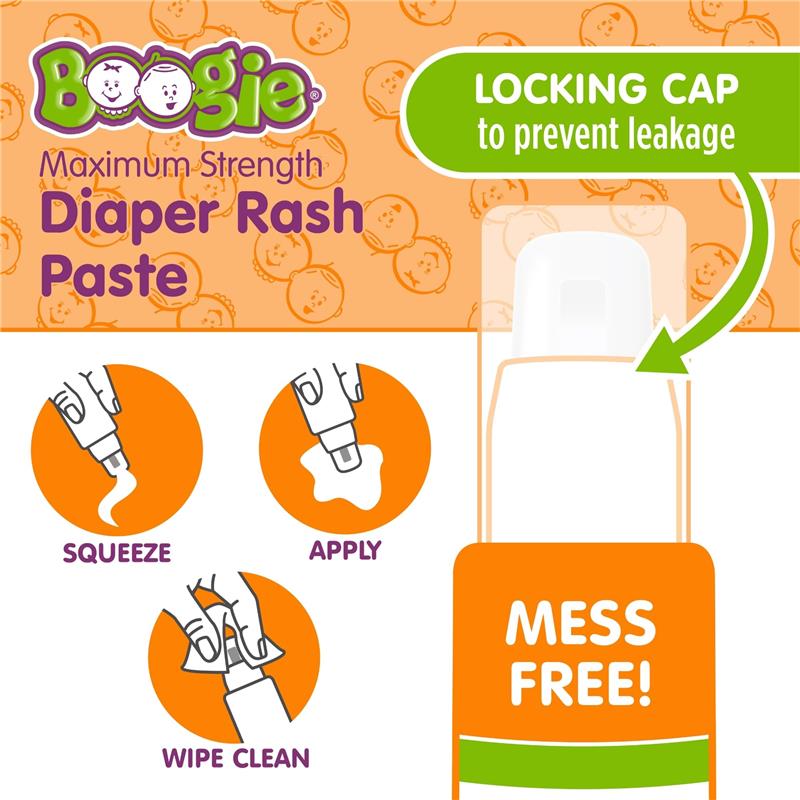 Boogie Maximum Strength Diaper Rash Paste packaging featuring a locking cap, application instructions, and a mess-free emphasis.