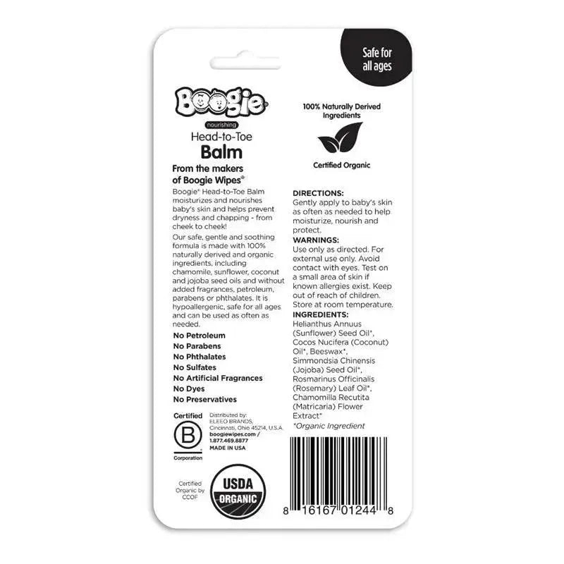 Boogie Wipes Head-to-Toe Balm packaging featuring directions, ingredients, and warnings for moisturizing and protecting baby’s skin.