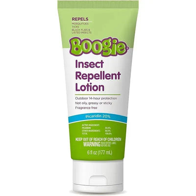 Boogie Insect Repellent Lotion tube with 20% Picaridin, offering 14-hour outdoor protection, non-greasy, fragrance-free.