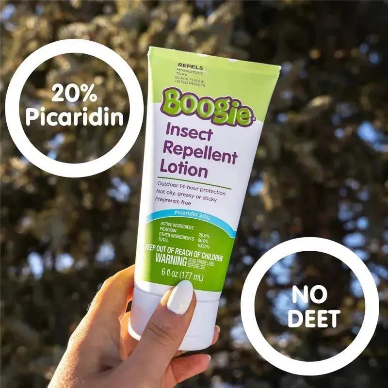 Boogie Wipes Insect Repellent Lotion with 20% picaridin, offering 14-hour outdoor protection, fragrance-free, 6 fl oz.