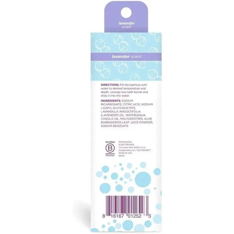Kids Bath Bombs by Boogie Wipes in lavender scent, with usage directions and ingredients listed on the packaging.