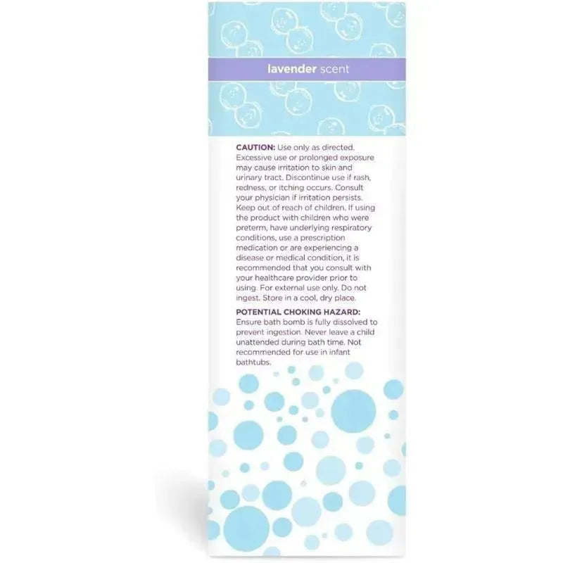 Lavender-scented Boogie Wipes bath bombs package, featuring caution and safety warnings, with blue and white bubble design.