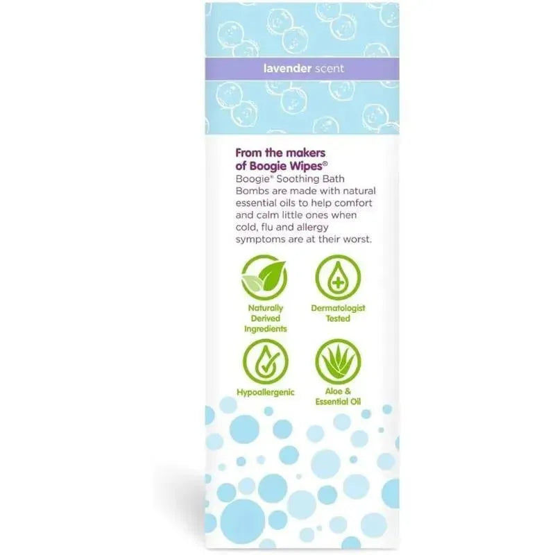 Boogie Wipes Kids Bath Bombs in lavender scent; features soothing ingredients, hypoallergenic, and dermatologist tested.