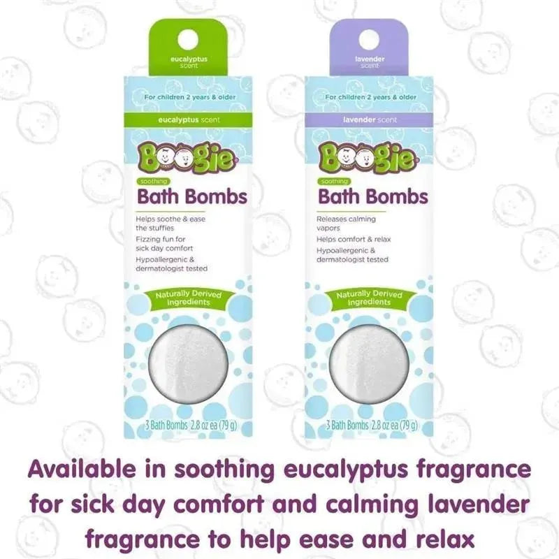 Kids Bath Bombs by Boogie, featuring eucalyptus and lavender scents, designed for soothing and relaxation during bath time.