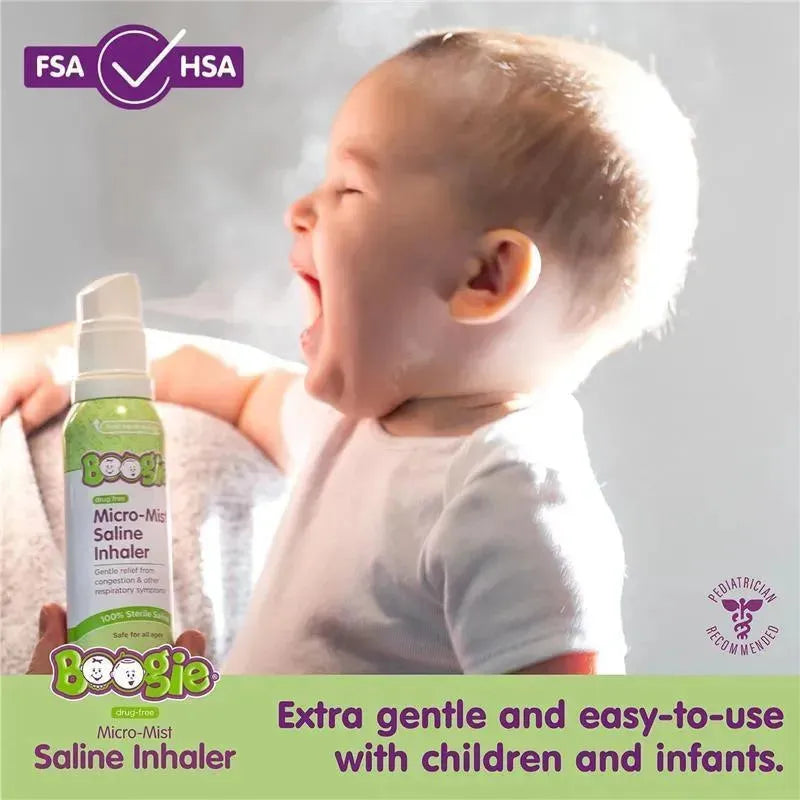 Child enjoying the mist from a Boogie Wipes Micro-Mist Saline Inhaler, designed for gentle relief of respiratory symptoms.
