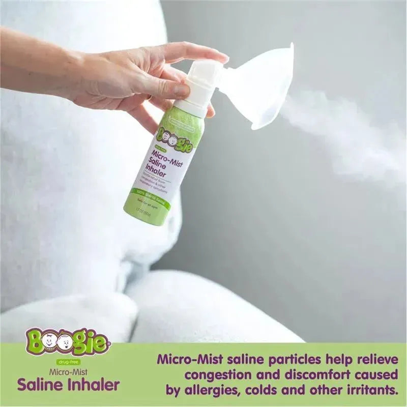 Boogie Wipes Micro-Mist Saline Inhaler in a hand, dispensing a mist to relieve congestion from allergies and colds.