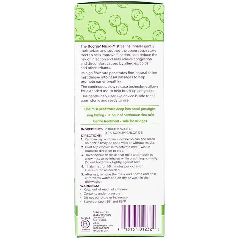 Boogie Wipes Micro-Mist Saline Inhaler packaging, featuring directions, ingredients, and benefits for soothing respiratory issues.