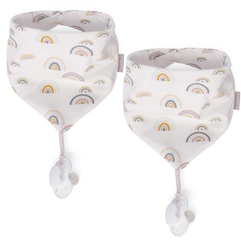 Two pink rainbow-patterned cotton bibs with attached pacifiers, designed as a pacifier holder.