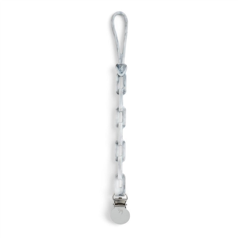 Silicone chain pacifier clip in Carrara marble design, featuring a heart-shaped loop and a metal clip for securing pacifiers.