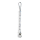 Silicone chain pacifier clip in Carrara marble design, featuring a heart-shaped loop and a metal clip for securing pacifiers.