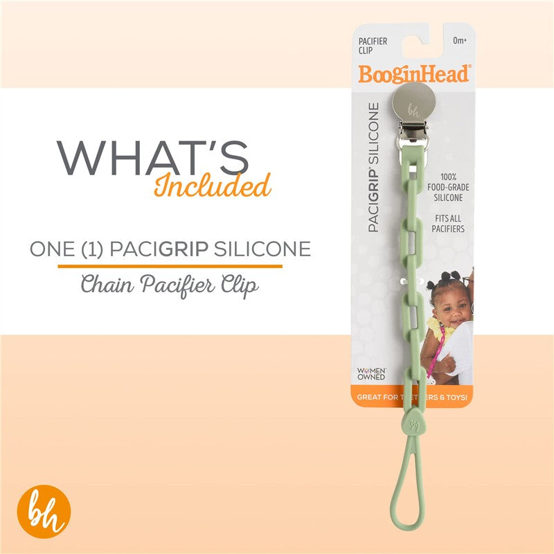 BooginHead Silicone Chain Universal Pacifier Clip in sage green, includes one pacifier holder made of food-grade silicone.