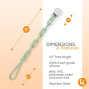 Sage green silicone pacifier clip with a stainless steel clasp, measuring 10 inches in total length, safe for baby use.