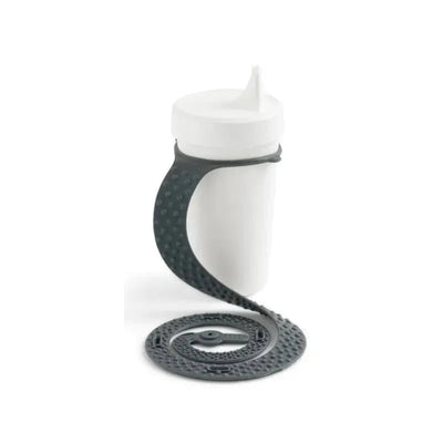 Silicone Sippigrip cup in charcoal gray with a flexible grip attachment designed to hold toys securely.