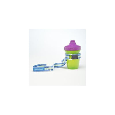 Sippi Grip cup in blue and green with a purple top, featuring a strap for easy carrying.