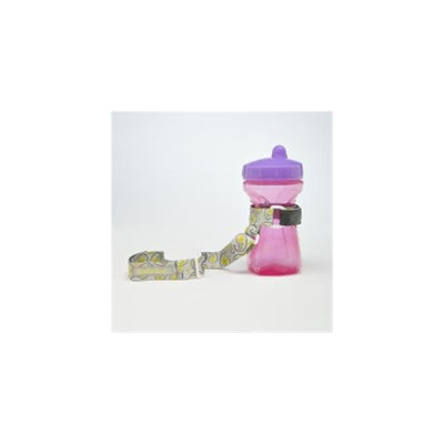 Booginhead Sippi Grip in grey and yellow, featuring a pink sippy cup secured with a strap.
