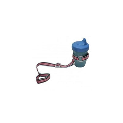Booginhead Sippi Grip with a blue lid and a green cup, attached to a pink and black striped strap.