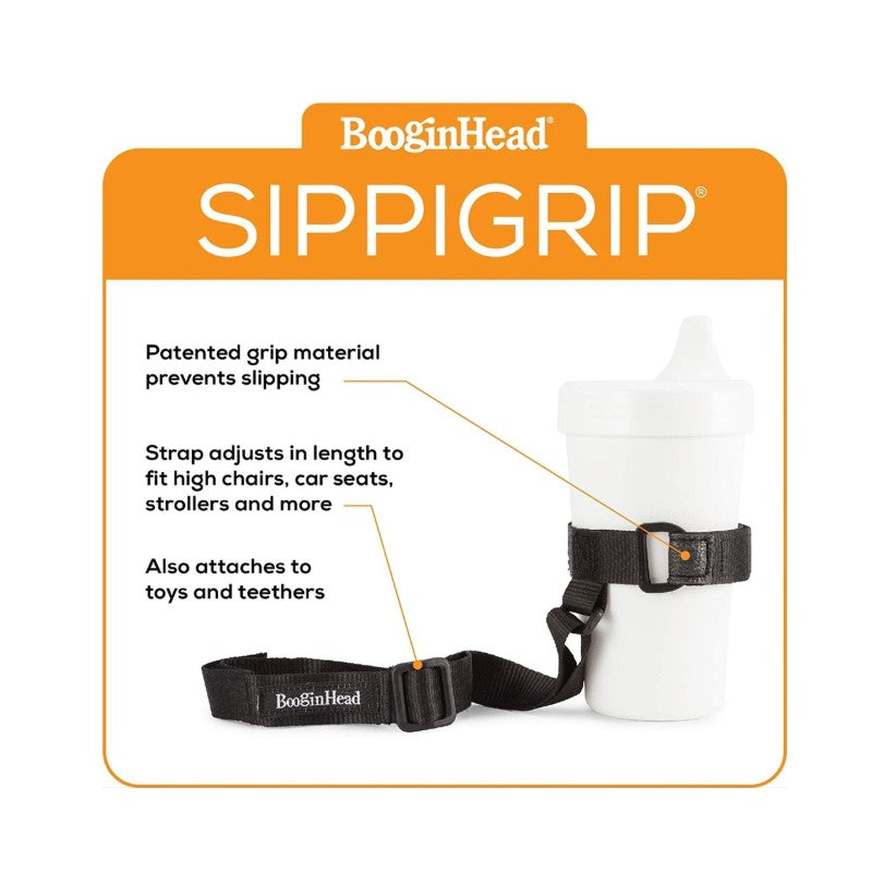 SippiGrip by BooginHead features a white cup and an adjustable strap to prevent slips, compatible with high chairs and strollers.