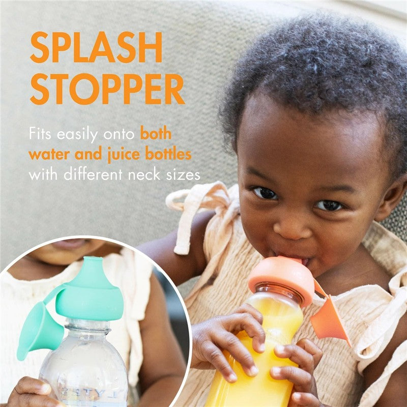 Boon SNUG silicone bottle toppers in pastel colors, designed for preventing spills, showcased on a child’s water and juice bottles.