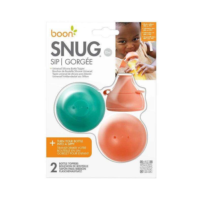 Universal silicone bottle toppers in green and orange packaging, designed to convert bottles into sippy cups.