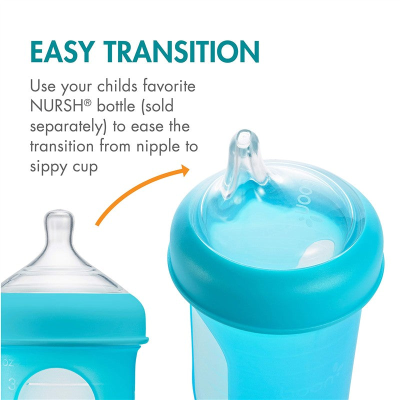 Boon NURSH Silicone Sippy Spouts are shown, featuring a transition design from nipple to sippy cup in blue.