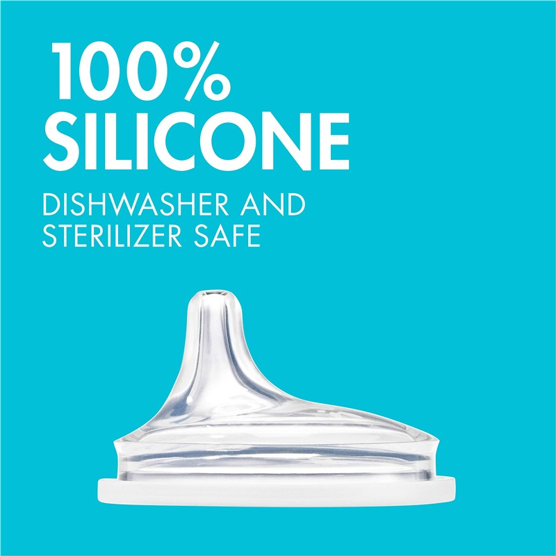 Silicone sippy spout with text highlighting its 100% silicone material, dishwasher and sterilizer safe features.