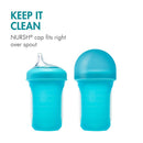 Boon NURSH Silicone Sippy Spouts in turquoise, featuring a clear cap for cleanliness and easy fit.