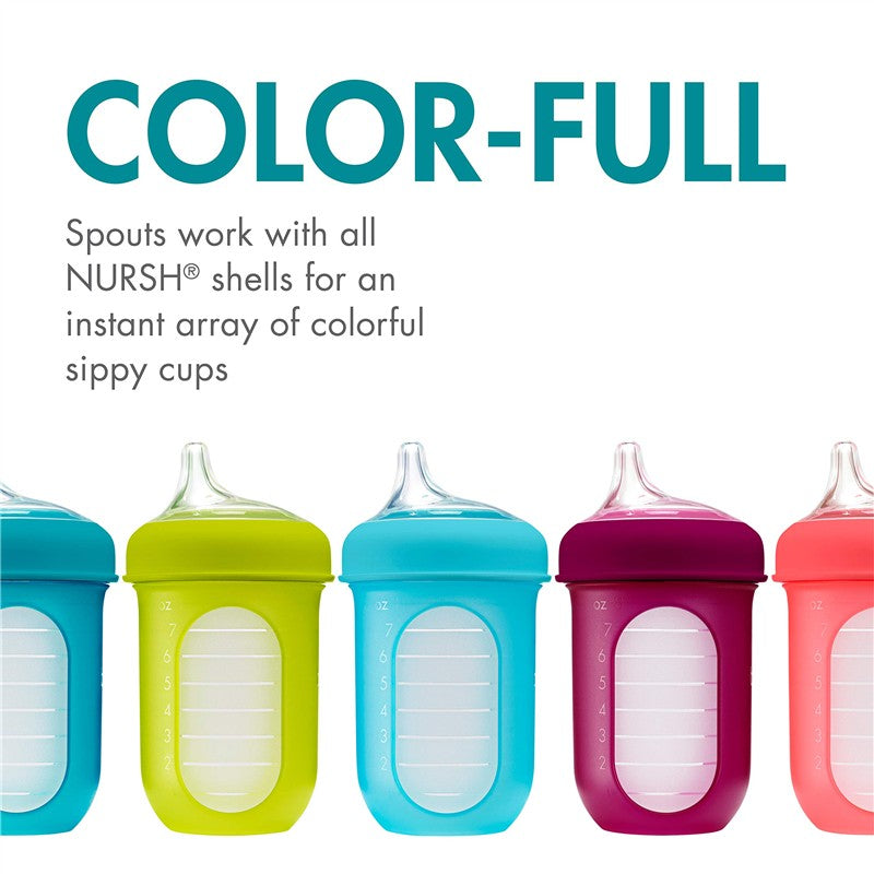 Boon NURSH Silicone Sippy Spouts in vibrant colors, designed for use with NURSH shells for versatile sippy cups.
