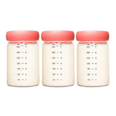 Set of three transparent glass milk storage containers with pink lids, marked with measurement scales in milliliters and ounces.