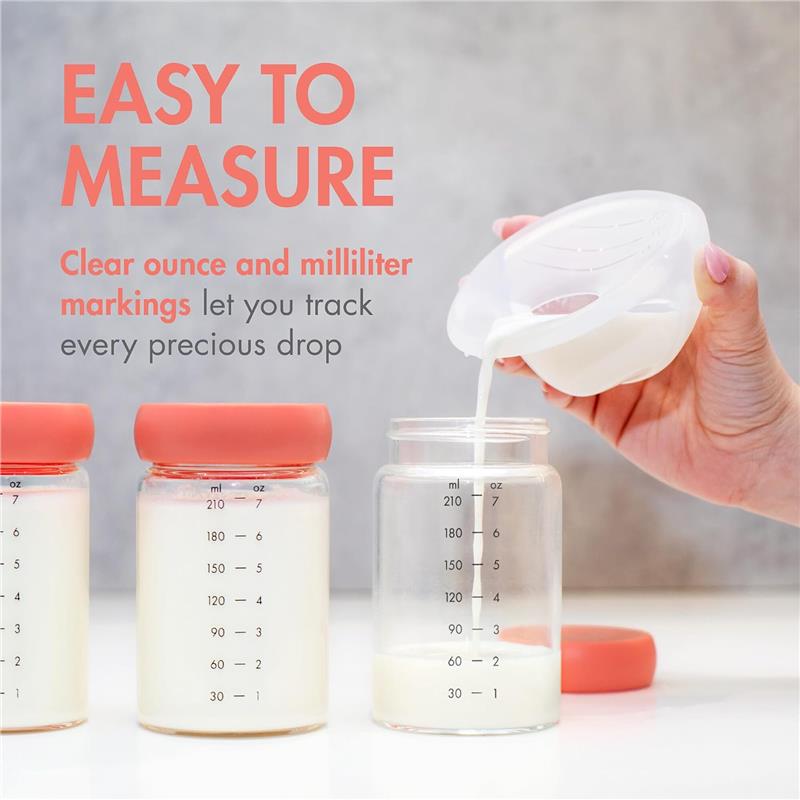 Glass milk storage containers with orange lids, featuring clear measuring markings for precise tracking of liquid volume.