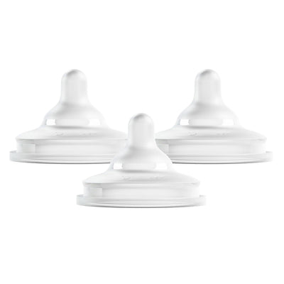Boon 3-pack Nursh Curve bottle nipples, slow flow, featuring a soft, white silicone design for easy feeding.