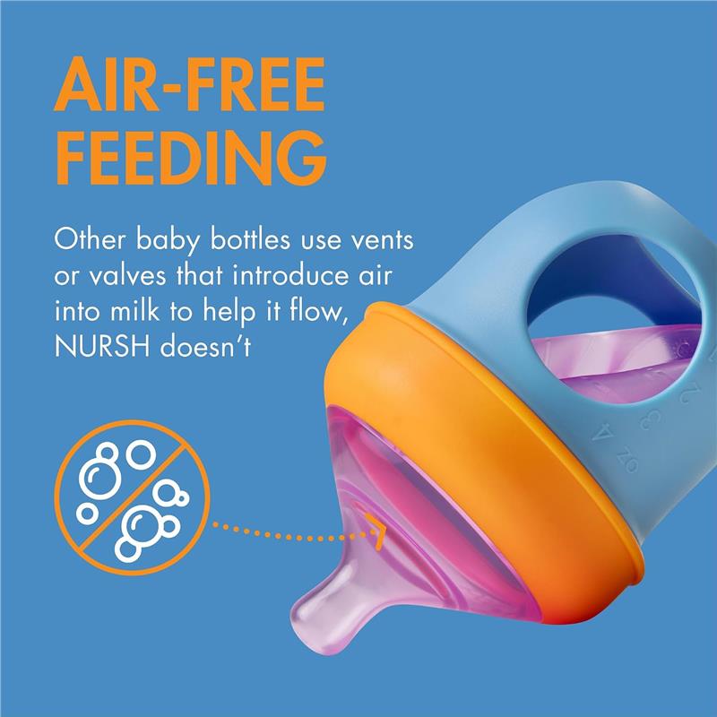 Boon 3Pk Nursh silicone baby bottles in vibrant color block design, highlighting air-free feeding benefits.