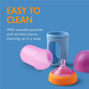 Boon 3Pk Nursh Silicone Baby Bottles in color block, showcasing easy-to-clean reusable pouches and parts on a blue background.