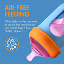 Boon 3Pk Nursh silicone baby bottles in color block design feature an air-free feeding system, with a purple silicone nipple and orange cap.