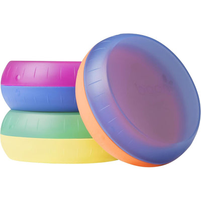 Colorful Boon 3Pk Nursh Storage Buns, designed to organize baby bottles, featuring a purple, pink, green, and yellow color scheme.