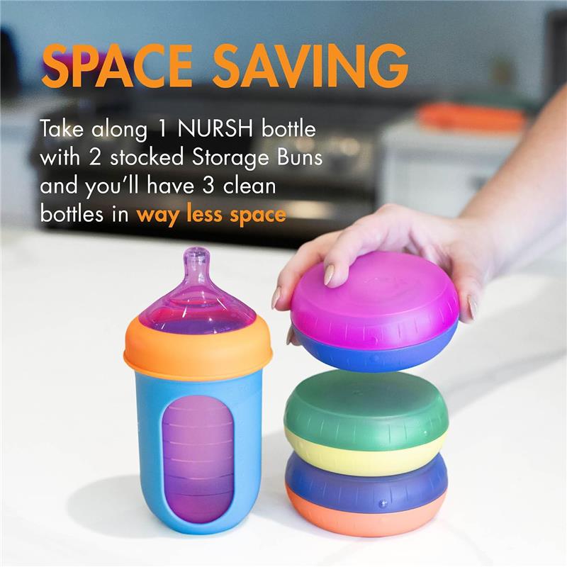 Boon 3Pk Nursh Storage Buns organize baby bottles, featuring a blue storage bottle and colorful stackable storage buns.