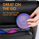 Boon 3Pk Nursh Storage Buns for baby bottles, showing colorful round storage containers in a sleek bag, with handling instructions.