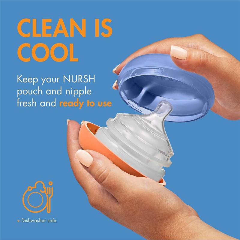 Boon 3Pk Nursh Storage Buns in a blue background, showing a hand holding a lid and bottle with text highlighting cleanliness.