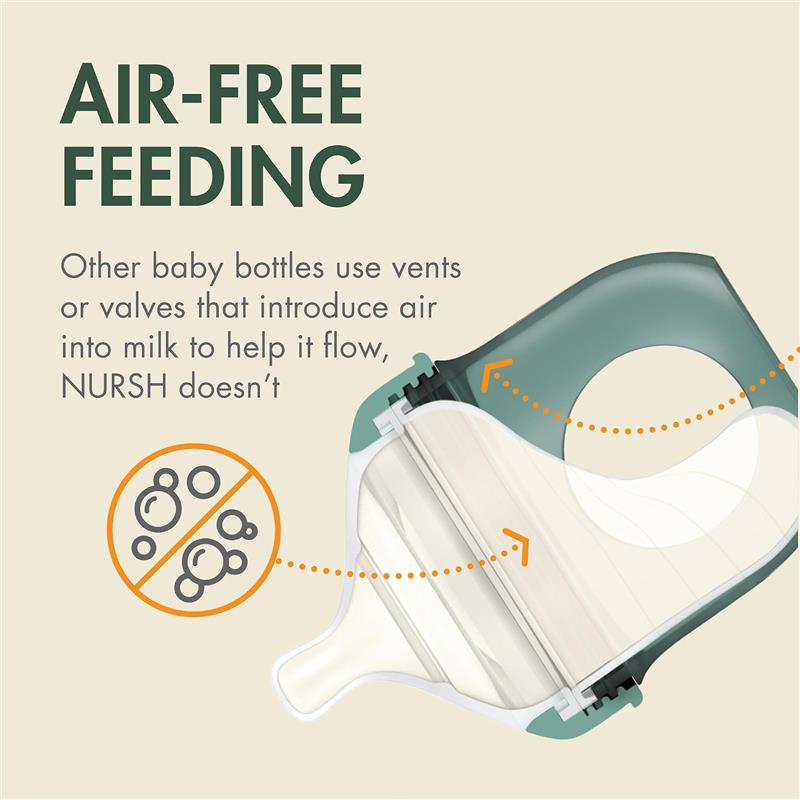 Boon 4 Oz Nursh silicone baby bottle in green speckle, promoting air-free feeding with no air vents or valves.