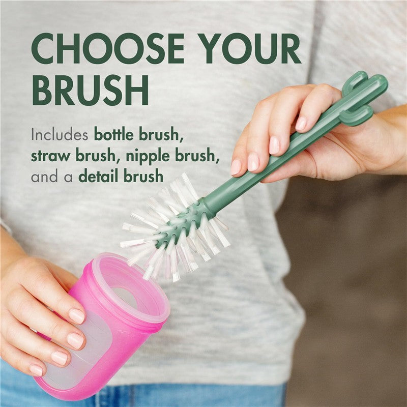 Boon Cacti Bottle Cleaning Brush Set includes a green multi-brush and a pink container, showcasing various brush options for cleaning.