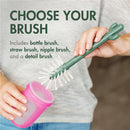 Boon Cacti Bottle Cleaning Brush Set includes a green multi-brush and a pink container, showcasing various brush options for cleaning.