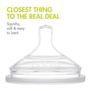 Boon NURSH silicone bottle nipple in fast flow design, featuring squishy, soft texture for easy latching.